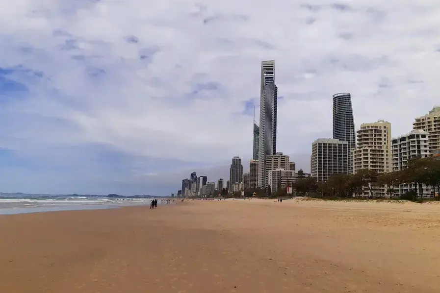 Extended view of the sand and skyscrapers at Surfers Paradise Gold Coast Qld