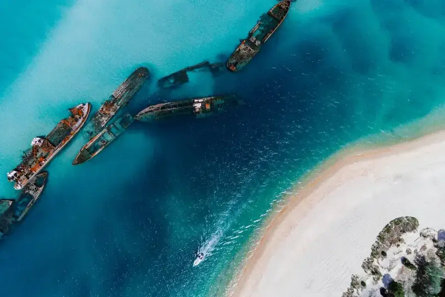 Aerial photo of shipwrecks at Moreton Island in Queensland, Australia